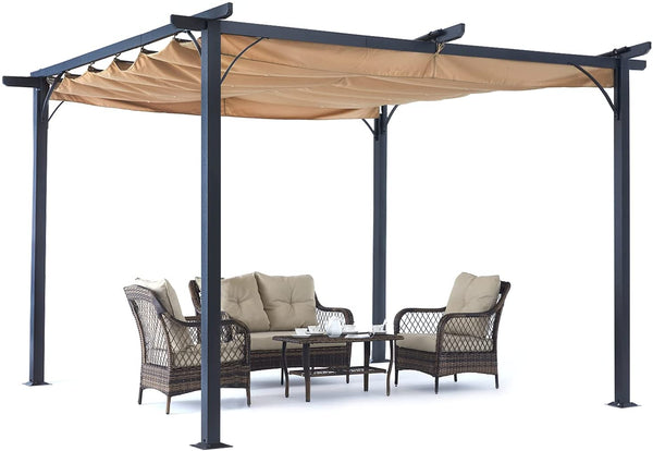 ABCCANOPY 10 x 10 Steel Retractable Pergola Gazebo, Weather-Resistant Rip-Lock Canopy for Your Patio Garden Yard, Khaki