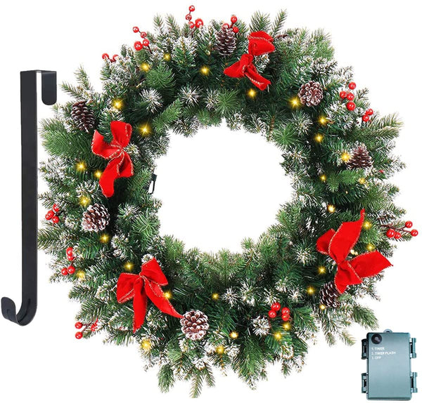 Artificial Lighted Christmas Wreath, Pre-lit Christmas Wreath with Festive Bows, Berries and Pine Cones, 24inch Christmas Vibes Door Wreath, 50 LED Lights & Hanger Included