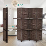 Room Divider Folding Portable Privacy Wooden Screen 4 Panel Partition Wall Indoor/Outdoor Folding Screen w/Dual-Sided Hinges & 2 Removable Display Shelves for Home Office, Brown