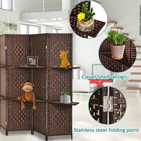 Room Divider Folding Portable Privacy Wooden Screen 4 Panel Partition Wall Indoor/Outdoor Folding Screen w/Dual-Sided Hinges & 2 Removable Display Shelves for Home Office, Brown