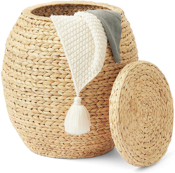 Artera Large Wicker Storage Baskets - Natural Multipurpose Barrel Storage Tub with Lid, Woven Water Hyacinth Basket for Organizing, Plant Décor, Organizer Tote for Bedroom, Living Room, Bathroom