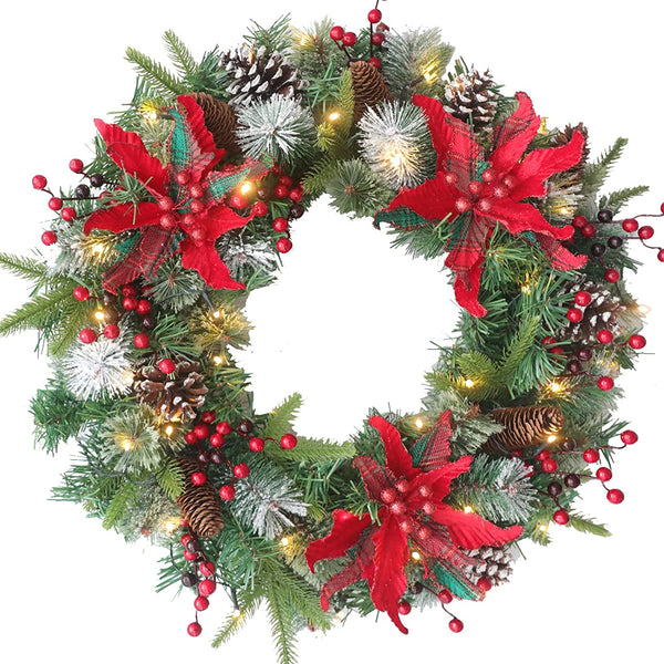 24 Inch Christmas Wreath for Front Door, Pre-lit Christmas Door Wreath with Battery Operated LED Lights, Large Artificial Christmas Wreath for Outdoor Holiday Xmas Decorations